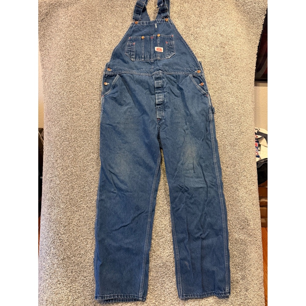 VTG Round House Overalls Mens 44x32 Blue Denim Bib Workwear Carpenter Style USA*
